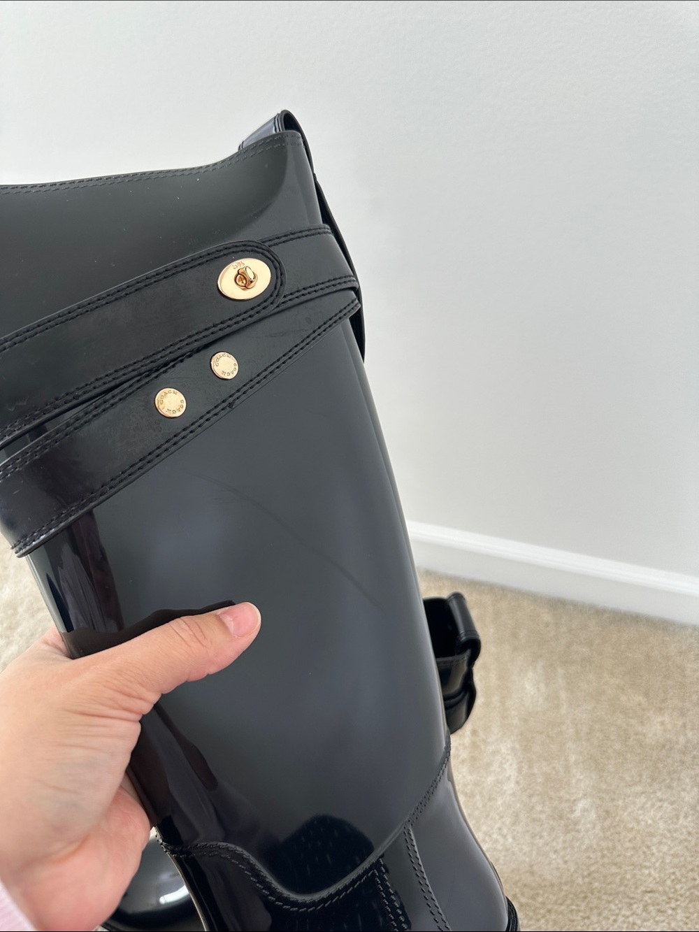 Coach Patent Black Knee-High Rain Boots with Gold Accent - Picture 8 of 14